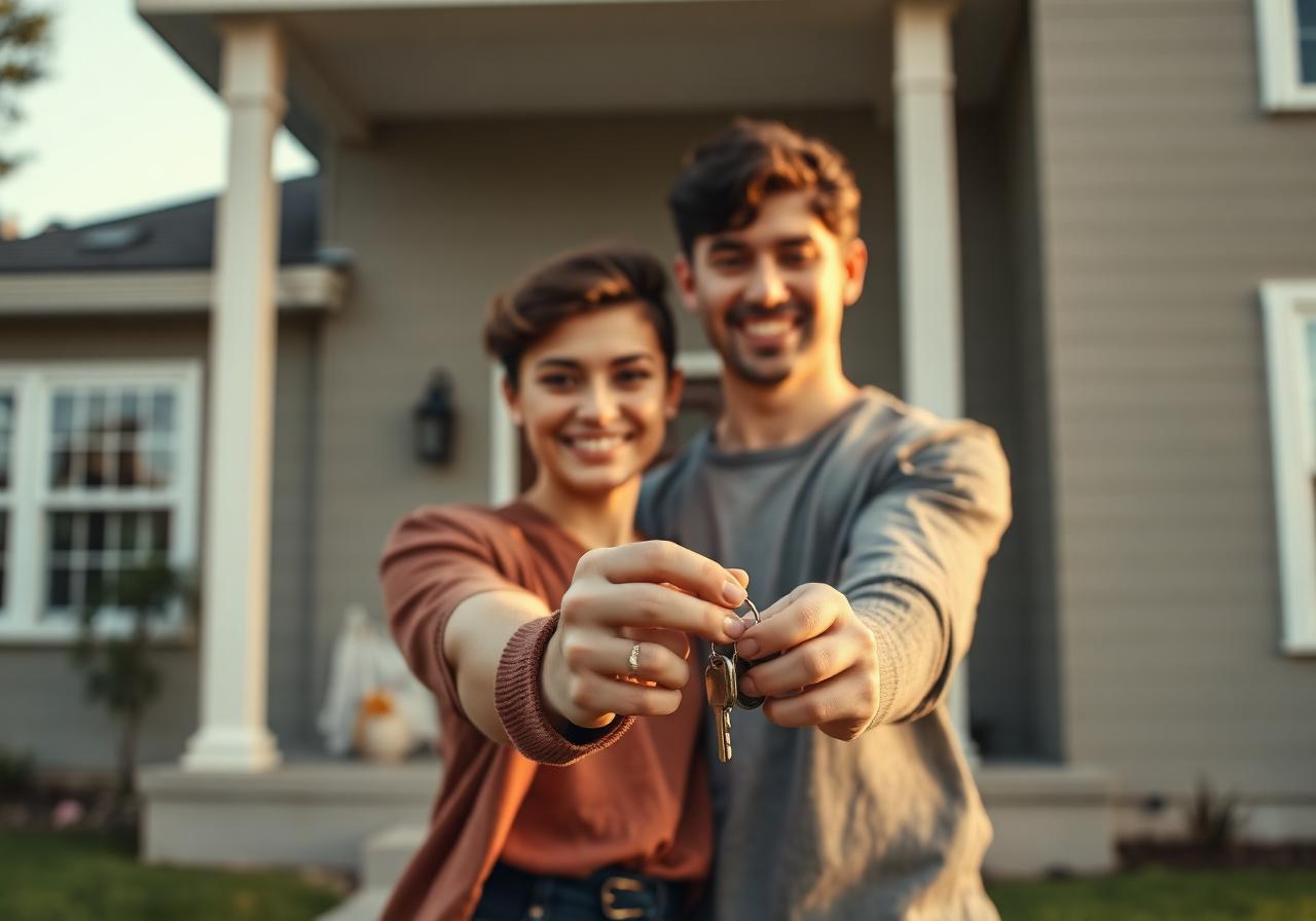 Couple holding keys outside their first home