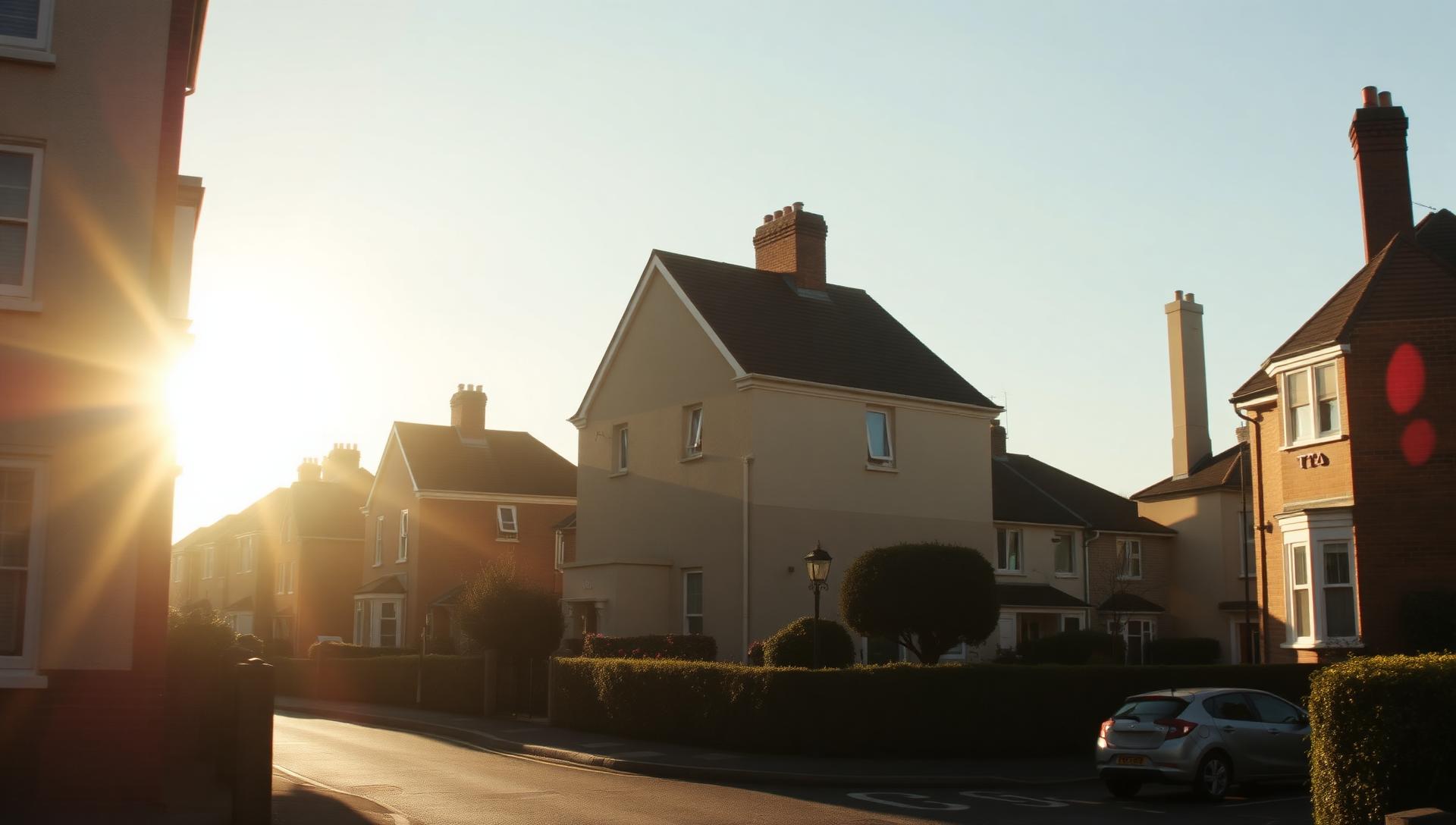 Sunlit English suburban street at golden hour