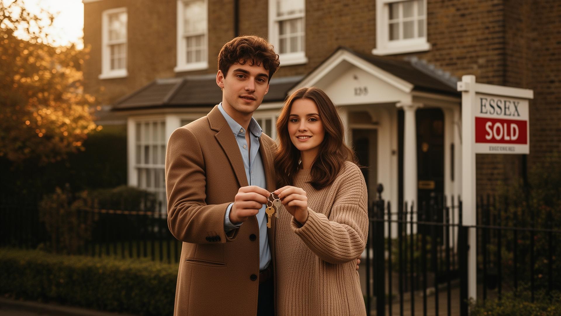 A young couple with keys outside their newly purchased Essex home at golden hour