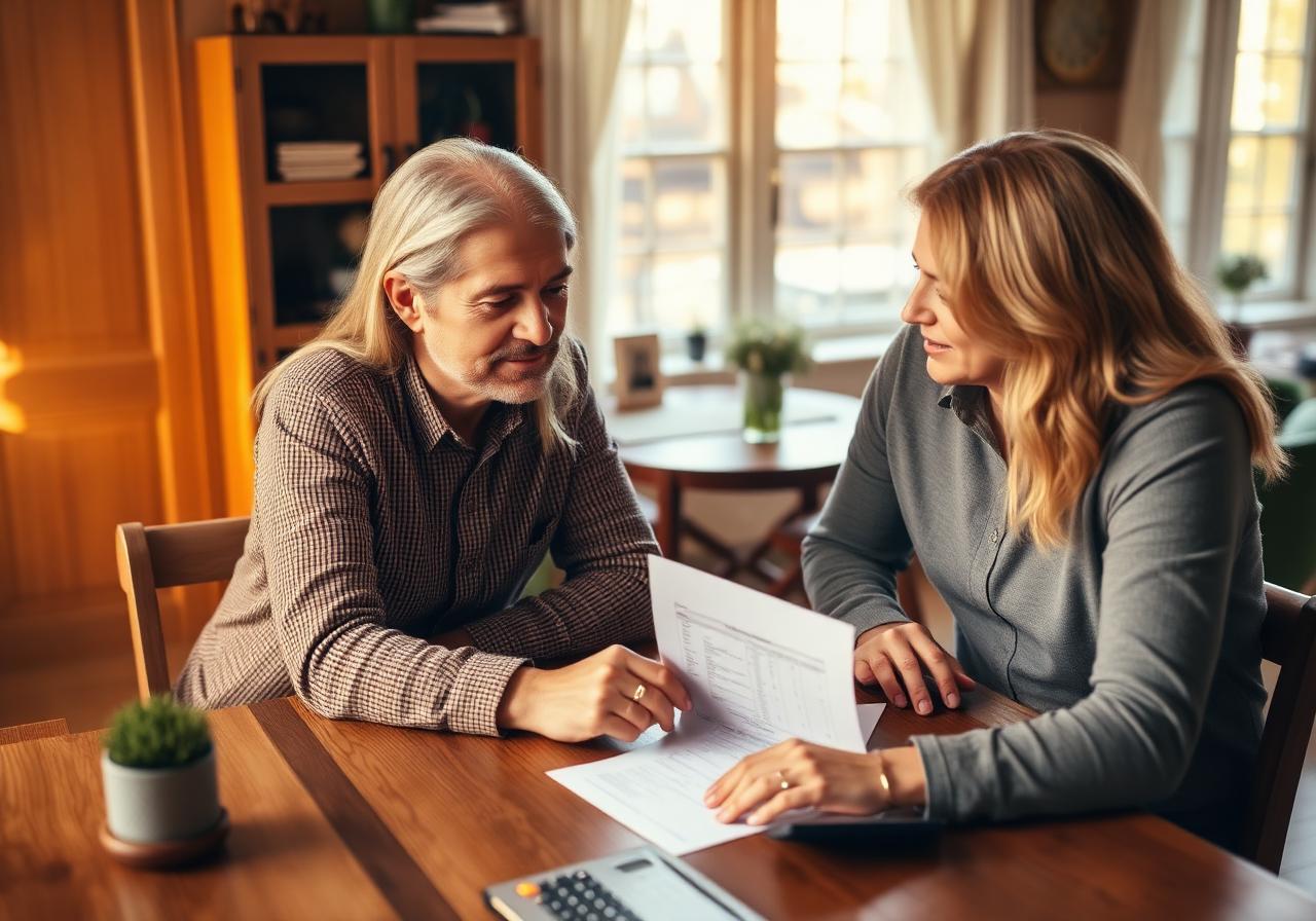 Advisor reviewing mortgage paperwork with a client at a kitchen table